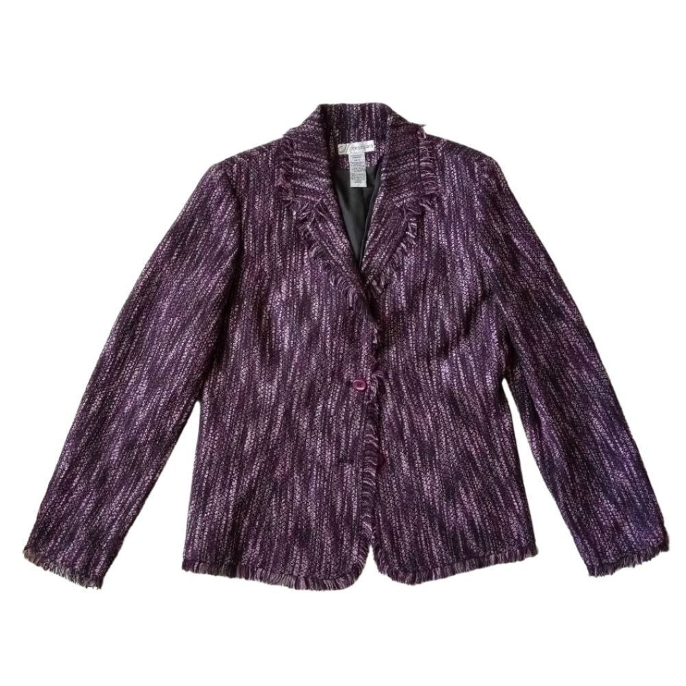 Dress Barn Shades of Purple Fringe Tweed Padded Shoulder Blazer Jacket Women's 8